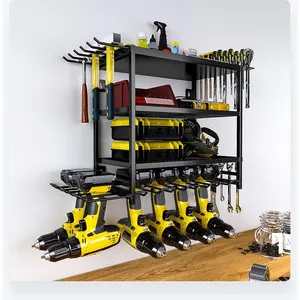 4 Layers Power Tool Organizer Storage Rack Wall Mount Drill Holder Tool Shelving with Side Screwdriver Rack and Hooks Heavy Duty Metal Garage Tool Storage Rack Organizer for Garage, Workshop