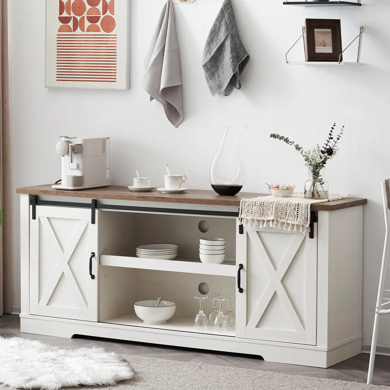 [Restock Sale]VanAcc 66" Farmhouse TV stand for 75 Inches TVs, Entertainment Center with Sliding Barn Door and Adjustable Shelf & Feet, Console Table