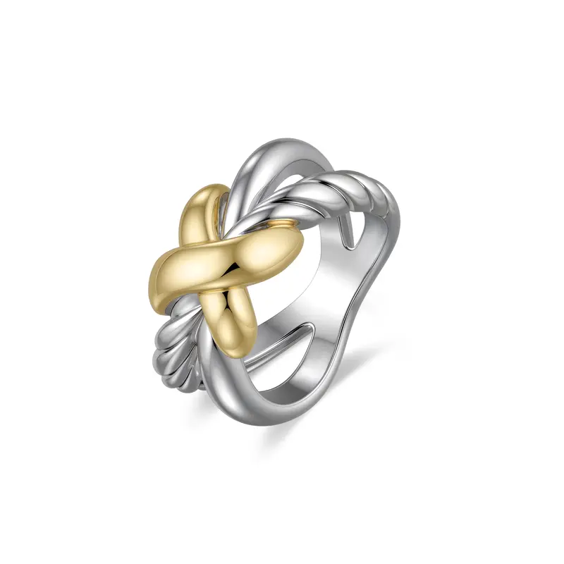 Aprilery Intertwined Knot Ring, Chunky Two Tone Statement Band, Sculptural Gold Silver Fashion Jewelry Gift for Women