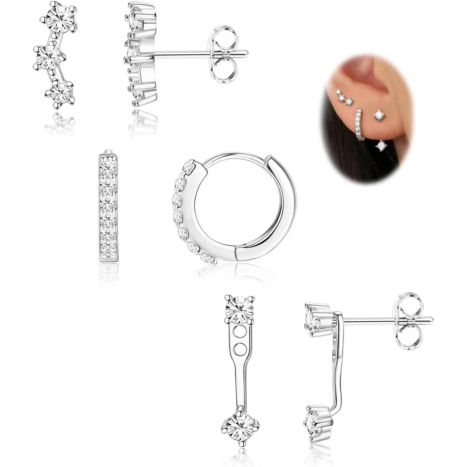 3 Pairs Silver Hypoallergenic Earrings Set for Multiple Piercing Dainty 14K Gold Plated Stud Huggie Small Hoop Earrings for Women Trendy Cute Earring Stacks for Sensitive Ears