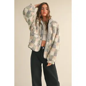 MULTI COLOR GRID PATTERN SHERPA JACKET