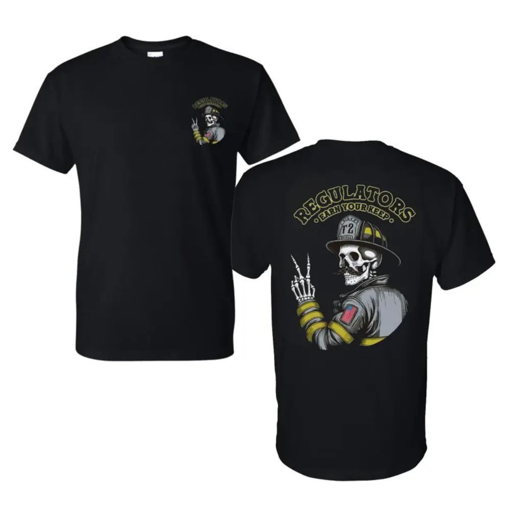Regulators Firefighter T-Shirt, Grim Reaper Fireman Skeleton with Peace Sign Graphic, Bold Station 72 Fire Dept Shirt by LowTrendz, For Firefighters & First Responders, Gift for Firehouse Heroes or Patriotic EMS Crew