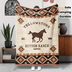 Vintage Southwestern Bohemian Flannel Throw Blanket - Lightweight, Soft, Yellowstone Ranch Horse & Geometric Print, All-Season Yellowstone Merch for Camping, Sofa, Travel Gift for Friends