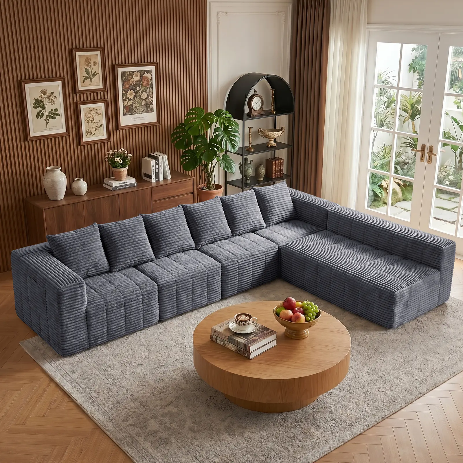 XYTLBQE 135-in Plush Corduroy L-shaped Piano Key Armless Modular Sofa Sectional Set, Pre-assembled Modern Couch with 6 Free Throw Pillows, Ultra-large Deep Seating for 8 People, Affordable & Great Value for Living Rooms