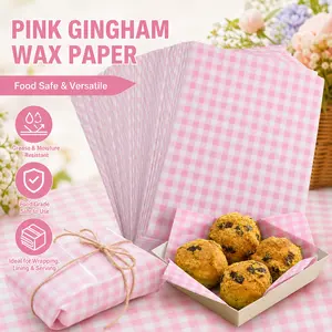 300Pcs Pink Gingham Memorial Day Waxed Deli Paper Sheets, 7×7 Inch Waterproof Food Wrapping Paper, Disposable Food Basket Liners for Sandwiches, Burgers & Holiday Party Treats