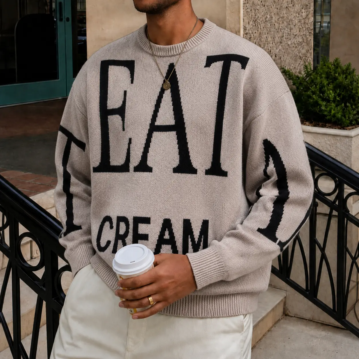 Mens Womens Unisex Oversized Knit Sweater EAT CREAM Graphic Letter Print Crewneck Pullover Y2K Streetwear Casual Retro Fall Winter Cozy Warm Soft Aesthetic Jumper Knitwear Easy Care Machine Washable Relaxed Fit Size S M L XL
