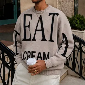 Mens Womens Unisex Oversized Knit Sweater EAT CREAM Graphic Letter Print Crewneck Pullover Y2K Streetwear Casual Retro Fall Winter Cozy Warm Soft Aesthetic Jumper Knitwear Easy Care Machine Washable Relaxed Fit Size S M L XL