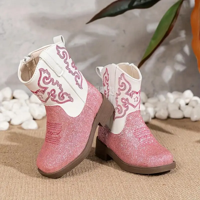 Girls' Cute Blush Pink Square-Toe Ankle Boots - Plain Solid PU Artificial Leather Synthetic Fabric Booties, All-Seasons Kids' Fashion Footwear