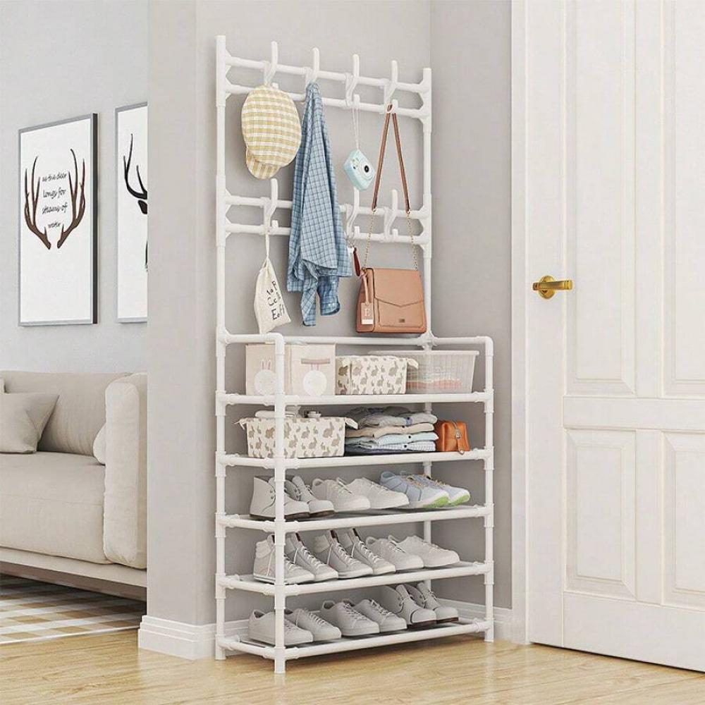 5-Tier Coat Rack Shoe Rack with 8 Hooks & Storage Shelves Black Metal Stable Design for Entryway Bedroom Closet Living Room Office Freestanding Iron Durability