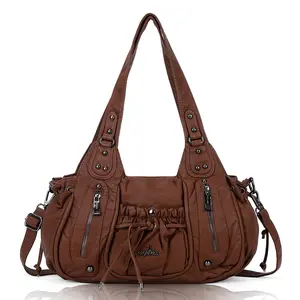 Angel Kiss Women's Crossbody Bag Multi-Pocket Soft Tote with Detachable Shoulder Strap Leather Handbag Autumn/Winter Brown