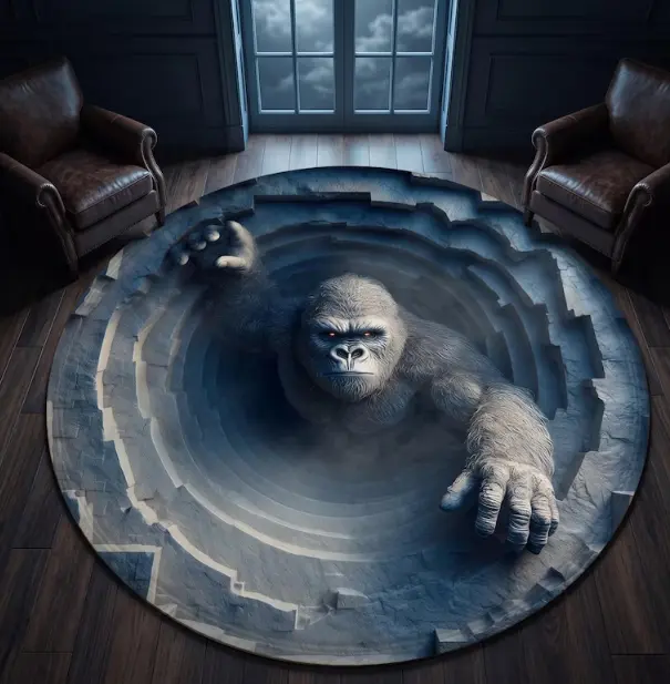 3D Illusion Gorilla Round Rug, Optical Illusion Carpet, Non Slip Animal Print Area Rug, Living Room Bedroom Decor, Unique Gift