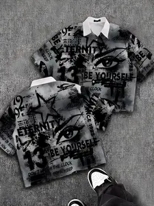 Men's Eternity Be Yourself Graphic Short Sleeve Shirt | Retro Y2K Grunge Aesthetic, Eye & Star Print, Graffiti Style, Casual Streetwear Button Up, Perfect for Daily Outfits, Hip Hop Looks & Edgy Street Style, Menswear, Top
