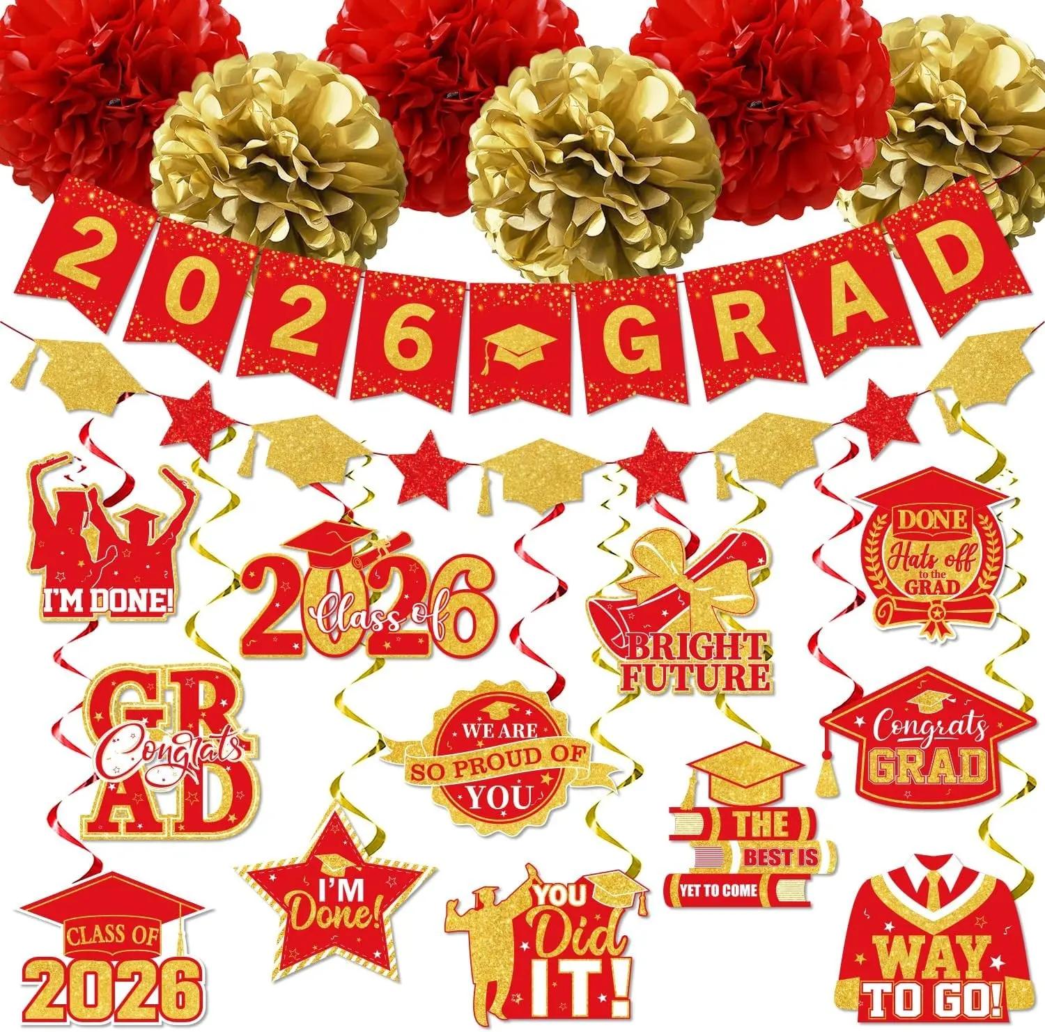 Red and Gold Graduation Decorations, 2026 Grad Banner and Congrats Grad Hanging Swirls, Red and Gold Graduation Banner Graduations Hanging Swirls College Graduations Party Decorations Class of 2026