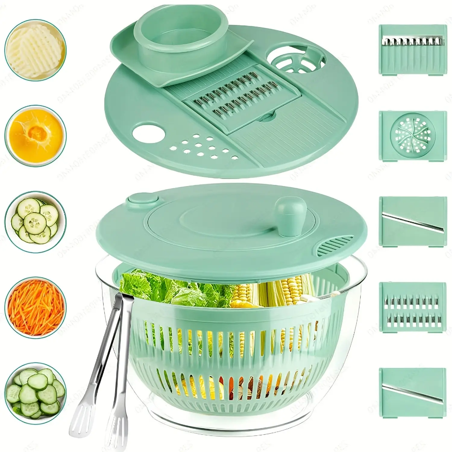 3in 1 Vegetable And Fruit Washing Bowl with Strainer, Lettuce Spinner with 5 Blades Slicer, Egg Yolk Strainer, Salad Bowl for Efficient Salad Preparation, 5.3 Qt, Easy to Use