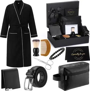 10 Pcs Birthday Gifts Baskets for Men Get Well Soon Gifts Beard Care Set for Him with Bathrobe, Wallet, makeup bag, Belt, Bracelet, Beard Comb & Brush Set for Dad Boyfriend Husband(Black)