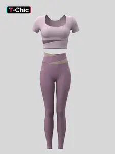 Women's Colorblock Crop Tee & High Waist Leggings Tracksuit Set, Sporty Breathable Comfy Outfits for Yoga Gym Workout Running Clothes, Ladies Sportswear for All Seasons