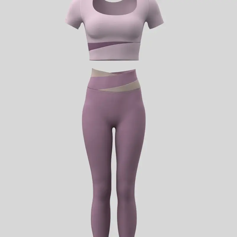 Women's Colorblock Crop Tee & High Waist Leggings Tracksuit Set, Sporty Breathable Comfy Outfits for Yoga Gym Workout Running Clothes, Sporty Style Outfits, Sportswear for Training, Ladies Sportswear for All Seasons