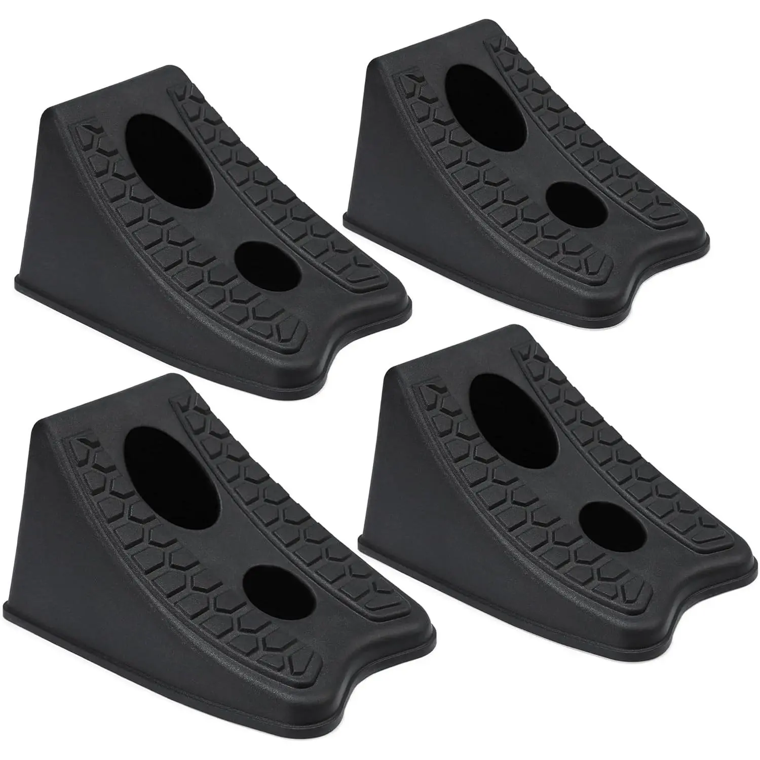 Heavy-Duty Triangular Wheel Chocks Tool, 4-Pack Black 8x4.7x4.7in Hardware Wheel Wedges (1.65 lbs) - Stackable, Anti-Slip Grip for Cars, RVs, Travel Trailers