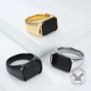 GTHIC Simple Smooth Black Gemstone Stainless Steel Ring for Men Women Minimalist Statement Jewelry Daily Wear
