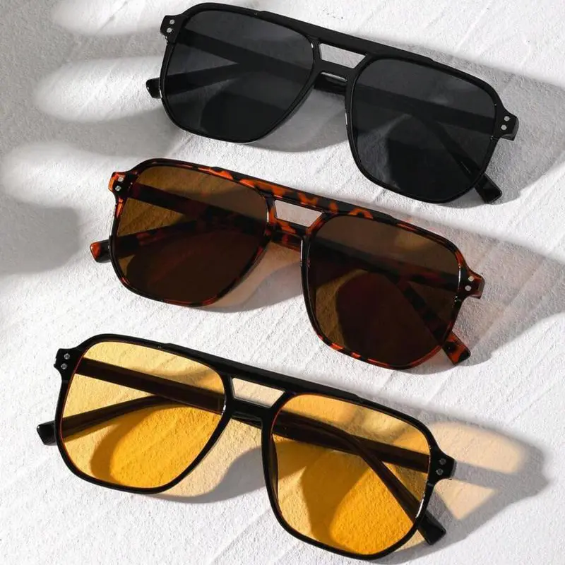 Women's Retro Pilot Sunglasses 3-Pair Pack, Multi-Color Double-Bar Square Frame, Brown-Yellow Lenses, Trendy Outdoor Fashion Eyewear for Men