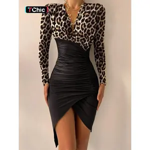 Women's Leopard Patchwork Print Ruched Wrap Deep V Neck Bodycon Dress, Elegant Long Sleeve High Low Short Dress for Party Club Dating Wear, Ladies Clothes for All Seasons