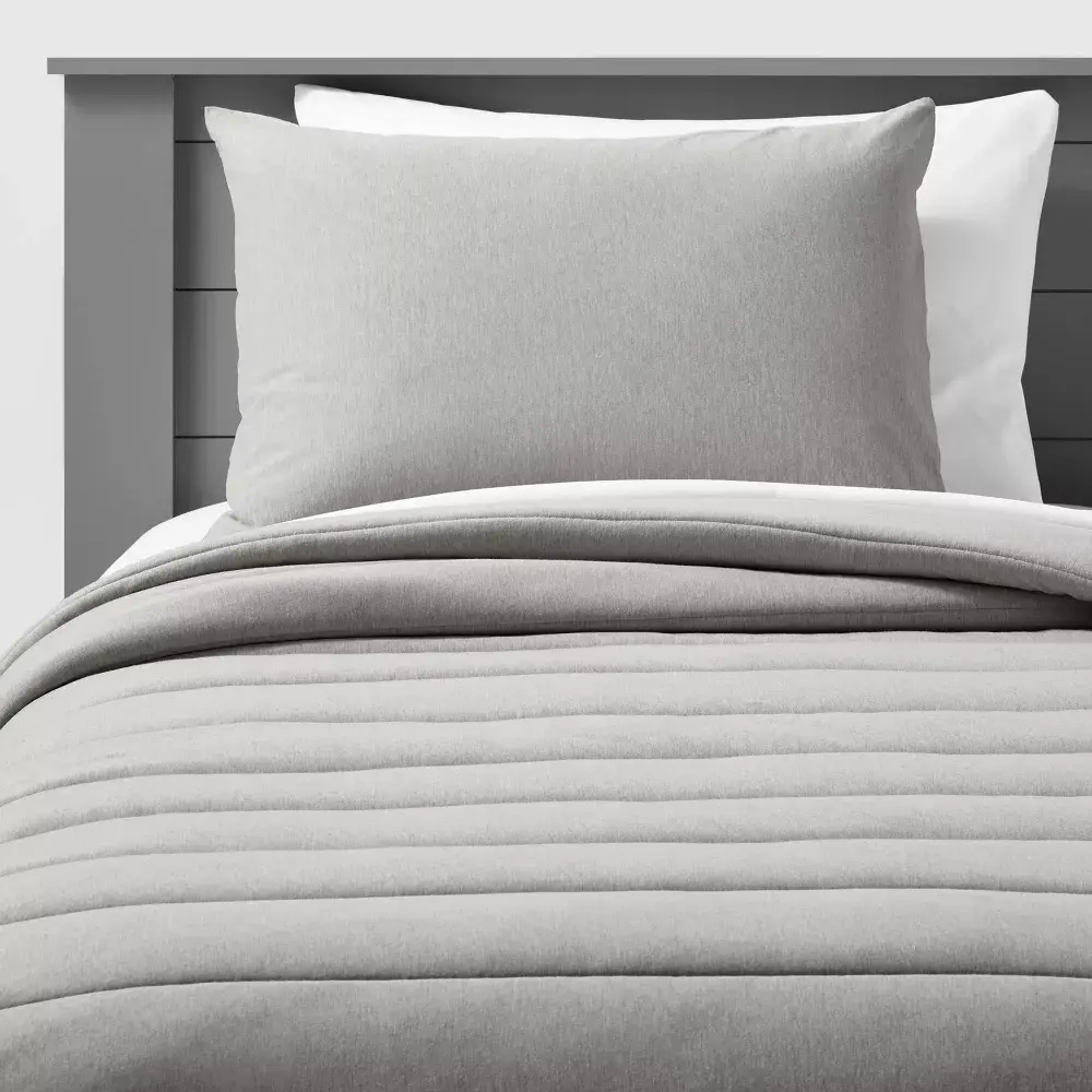 Full/Queen Channel Jersey Kids' Comforter Set Gray - Pillowfort: Quilted Bedding OEKO-TEX Certified 3 Pieces