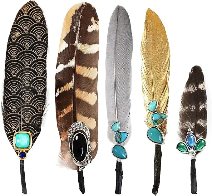 Hat Feathers 5PCS for Cowboy Real Feathers with 3D Decoration for Women Men DIY Fedora,Cigar hat, and Western Hats, Christmas Party, Oktoberfest, Trilby Hats