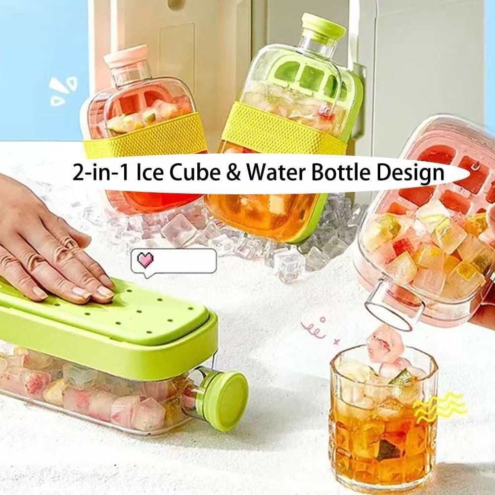 2 in 1 Ice Cube Bottle, Touch-Free Ice Cube Tray Water Bottle，Portable Ice Cube Making Bottle，Press to Release Ice Tray for Home，Outdoor, Office Ice Making (Pink, 500 ML)