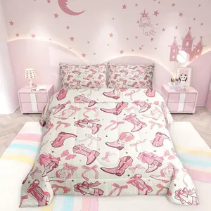 Cowgirl Comforter Set,Western Cowboy Boots Pink Bowknots Bedding Set,Dreamy Fairy Tale Princess Starry Pink Beige Quilt Set for Child Bedroom