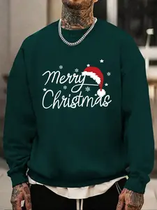 Men's Christmas Round Neck Pullover, Holiday Graphic Print Sweater, Long Sleeve Fitted Design, Perfect for Casual Wear & Festive Occasions