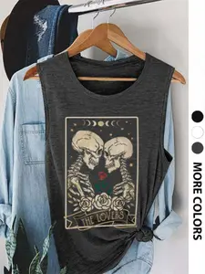 Women's Casual Loose-Fit Summer Vest, Womenswear, Halloween Skull Skeleton Print, Soft Comfortable Knit Home Essential, Perfect for Daily Wear