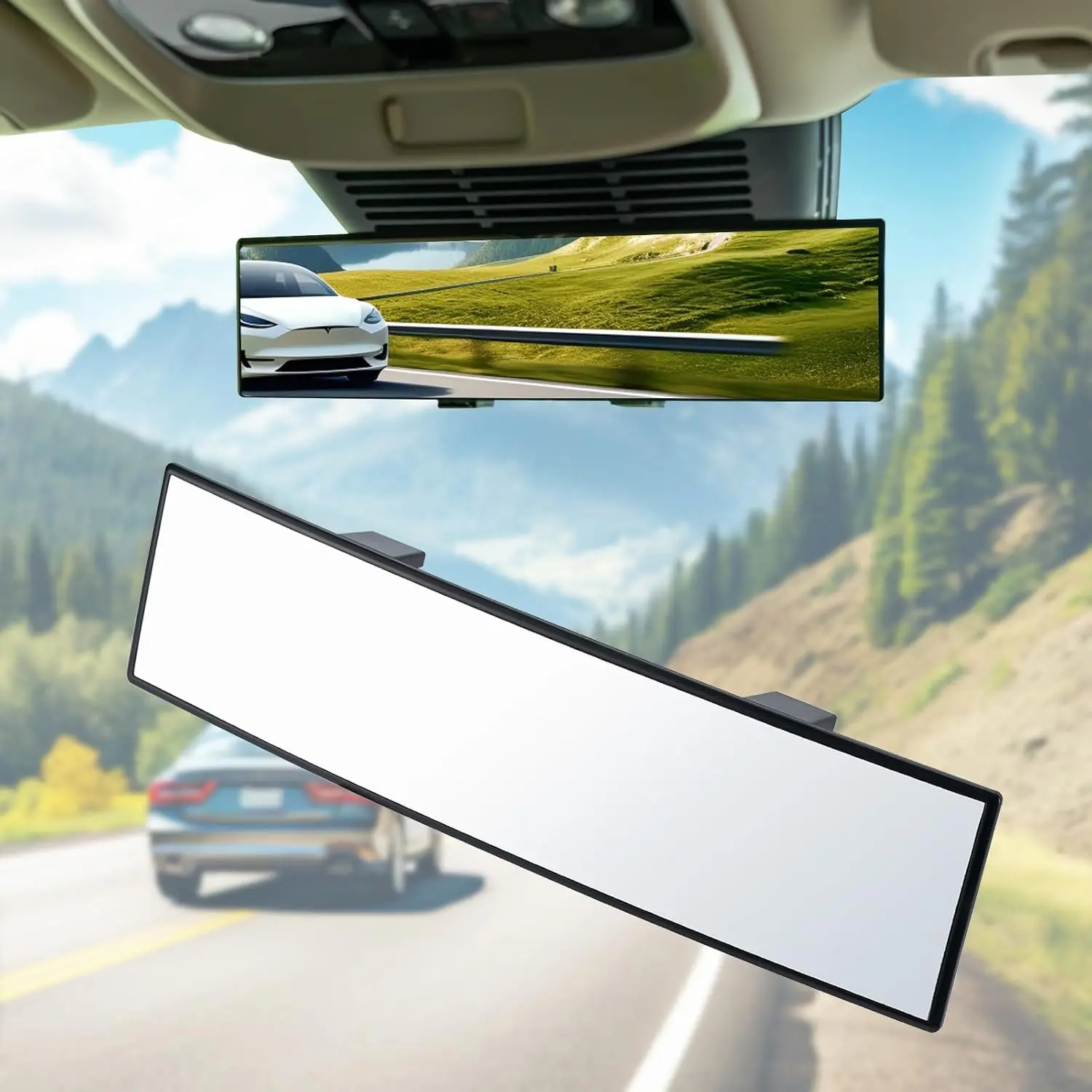 11.81-Inch Premium Universal Clip-On Interior Panoramic Convex Rear View Mirror, Blind Spot Eliminator, Wider Angle, Eye-Friendly, Tool-Free Easy Install, Universal Fit for Cars/SUVs Automotive Accessory, Blind Spot Mirror