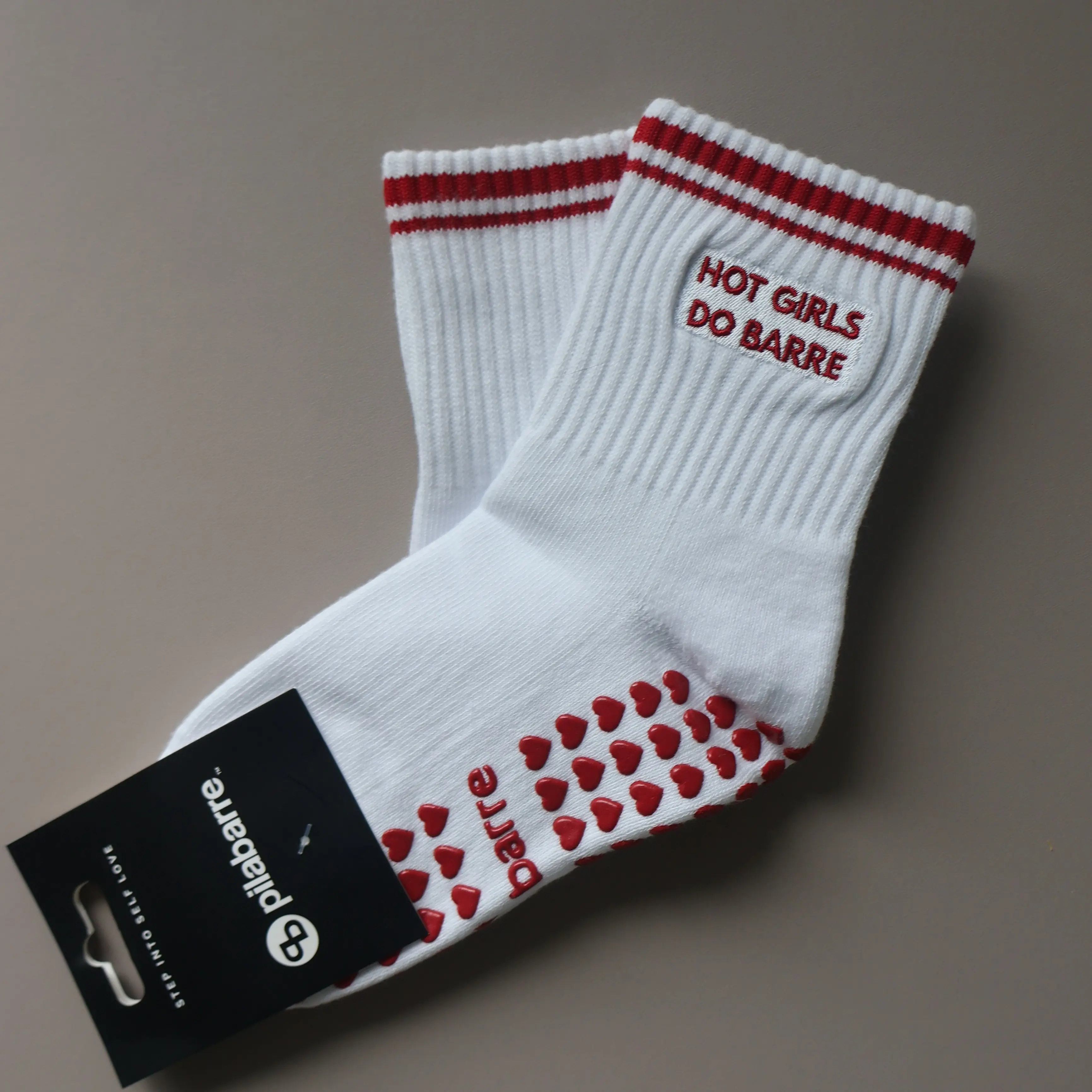 Hot Girls Do BARRE Sock - Cotton Womenswear Bottom with Embroidered Heart Design and Red Stripe Detail - cute barre grip socks - grip socks for barre Style Fitness