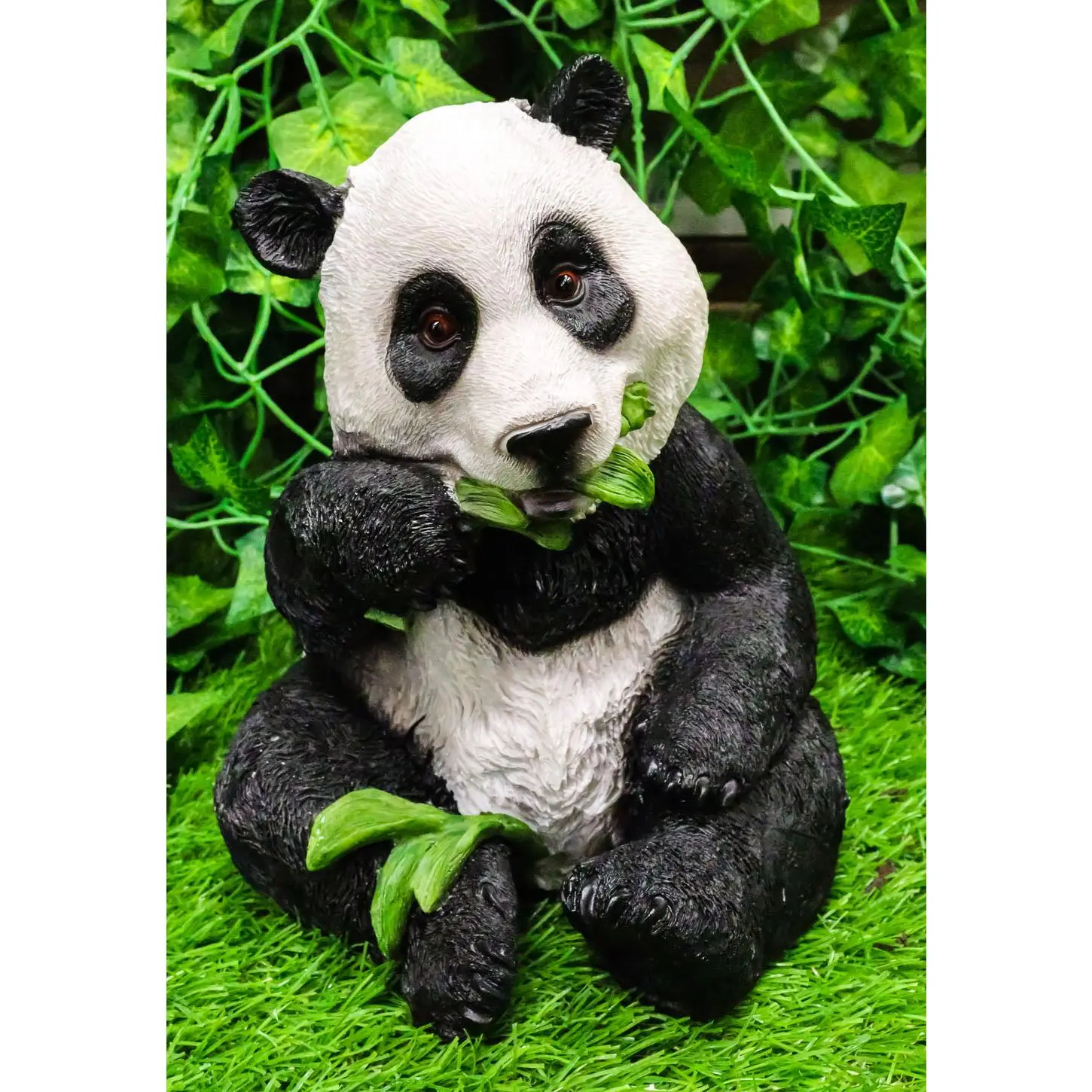 Adorable Giant Panda Bear Cub Eating Bamboo Leaves Figurine With Glass Eyes