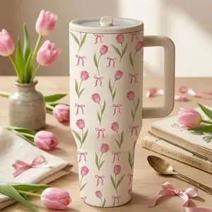 1 Pc 40oz Pink Tulip Bow Stainless Steel Insulated Tumbler With Handle, Double Wall Leak Proof Thermal Cup For Hot Cold Drinks, Keeps Hot 12 Hours Cold 24 Hours, Floral Travel Mug, Drinkware, Gift For Women, Spring Holiday, Office, Gym, Daily Use