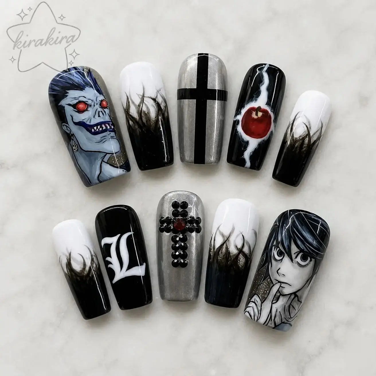 Death Note Press On Nails, Ryuk & L Character Art, Gothic Cross Nails, Dark Flame Gradient, Apple Motif, Anime Nail Set| FREE Adhesive Tabs  Nail File Cuticle Stick