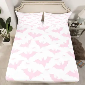 Feelyou Microfiber Bedding Set - Pink Bats Pattern Fitted Sheet Set, Pink and White Halloween Themed, for Teens, Bedroom Decoration