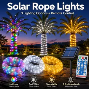Solar Rope Lights Outdoor, Solar Powered LED Rope String Lights with Remote Control, 8 Brightness Levels, 3 Light Colors, Flexible Waterproof Decorative Lights for Trees, Gardens, Patio, Yard, Camping, Fence, Holiday Decor