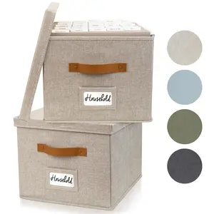 Beige Collapsible Linen File Organizer Box Set of 2 with Built-in Handles, Durable Fabric Exterior & Practical Card Slots for Easy Document Storage