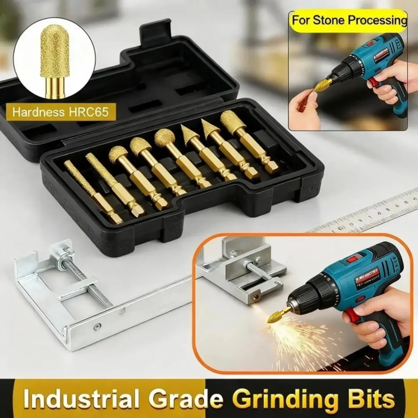 7-Piece Diamond Coated Rotary Burr Bit Set with 6mm Shank, Drill Attachment Blades for Metal, Glass Etching, Wood - Jewelry Making, Cutting, Polishing DIY Craft Projects (7 Drill Bits)