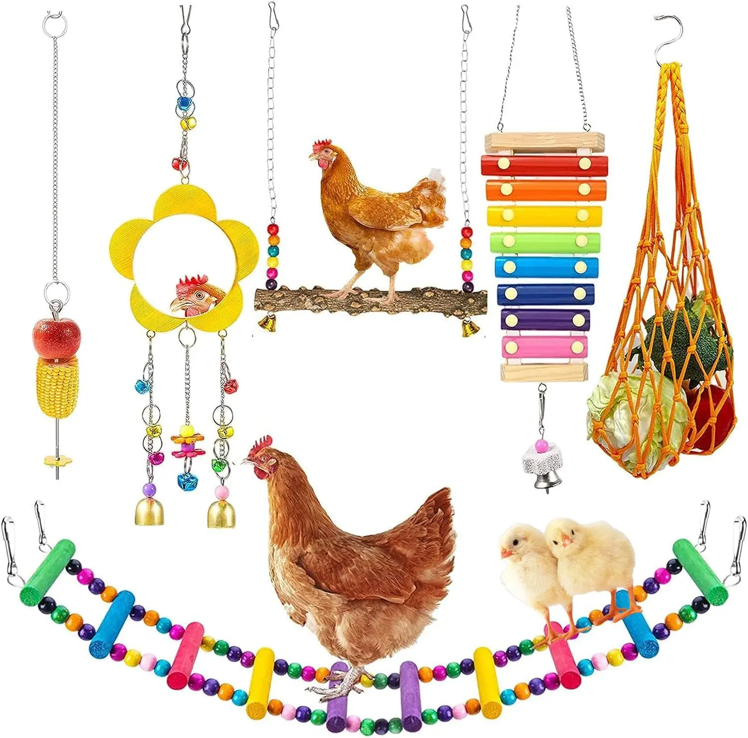 Longer Chain Chicken Toys for Coop Accessories 7PCS, Chicken Swing Ladder Perch roosts, Chicken Xylophone Mirror with Bells Vegetable Fruits Hanging Chicken Feeder for hens Bird Parrot