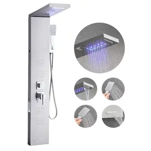 summervibes 53-in Brushed Stainless Steel Shower Panel Tower System, 5-Function Faucet with Rainfall Waterfall Shower Head, LED Lighting, Handheld Unit, Tub Spout, Wall-Mount Rain Massage Setup
