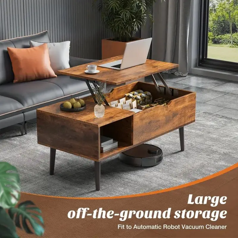Lift Top Coffee Table For Living Room With Hidden Storage Compartment, With Adjustable Storage Shelf For Living Room, Vintage Style, Durable Wood Construction, Lift-top Drawer Modern Coffee Tables Wood Coffee Table,Brown