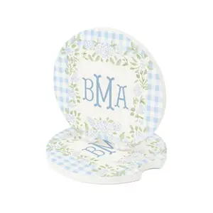 Gingham Monogrammed Soapstone Car Coaster, set 2 Preppy Vehicle Cup Holder Insert, Cute Floral Car Accessories, New Car Gift for Her