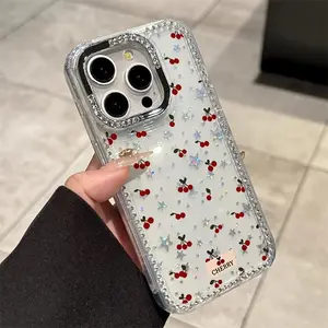 Cherry TPU Smartphone Cover with Large-Hole Rhinestone Star Frame, Protective Accessories for iPhone 17, 16 Pro Max, 15 Plus, 14, 12, Festive Gift for Christmas, New Year