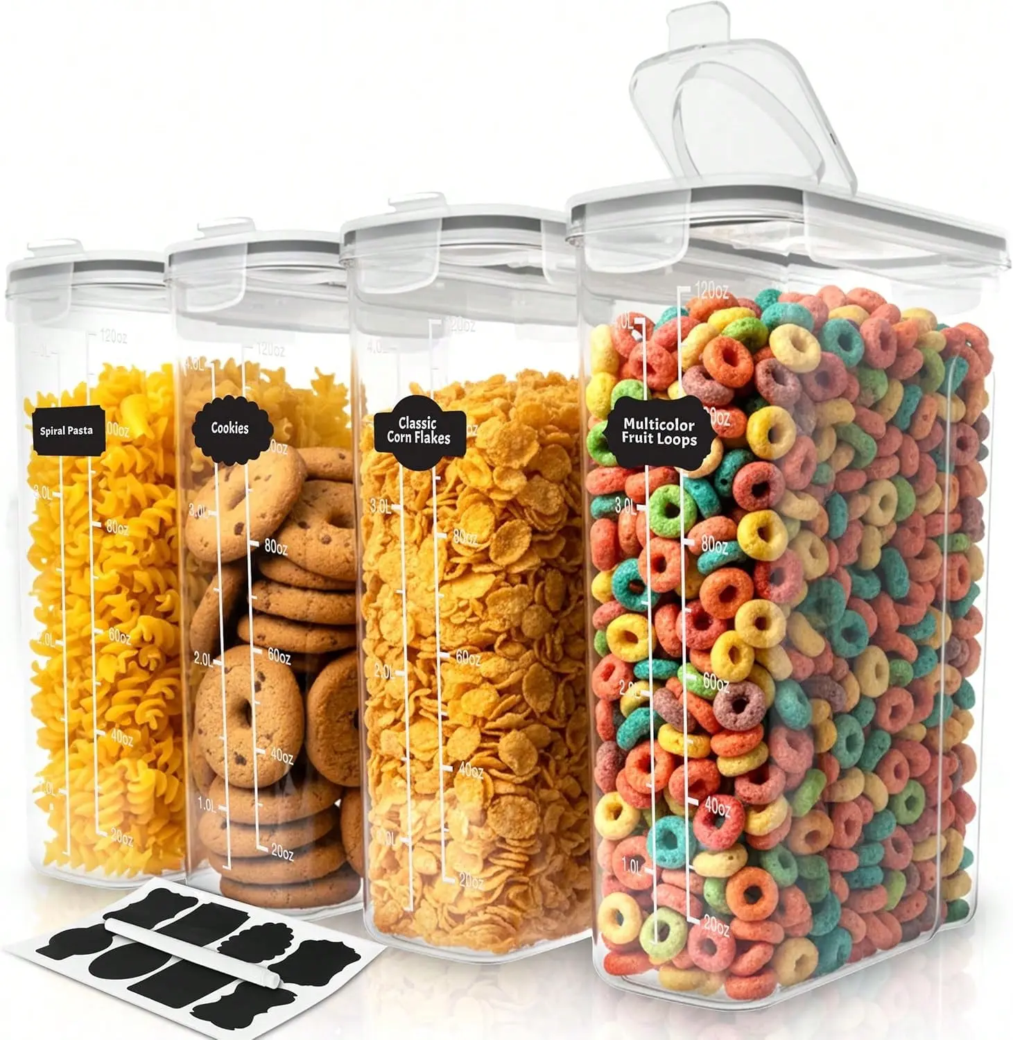 4PCS Functional Rectangular Airtight Plastic Food Storage Container Set (4L/135.2 Oz) - Cereal Dispensers with Labels, Marker, Pantry Organizer Kitchen Accessories