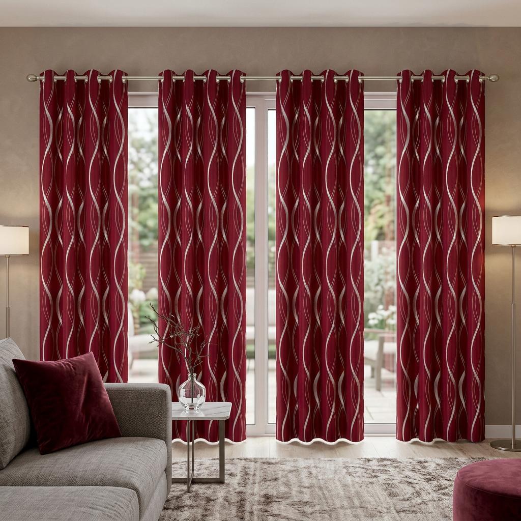 Qianli 4-Panel Navy Blue Blended Fabric Blackout Privacy Curtains, Gold Foil Wave Stripe Print, Wrinkle-Resistant, Fading-Proof, Natural Drape, Fits All Rod Types, Modern Minimalist Room Decor