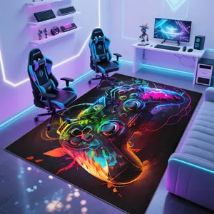 Gaming-Inspired Square Printed Velvet Carpet – Geometric Graphic Rug, Great for Game Rooms/Home/Commercial Areas, Rich Decor Feel, Multi-Size, Machine-Washable, Soft Non-Shedding, Modern Abstract Rug