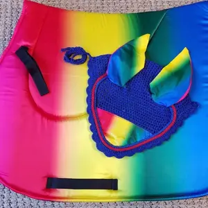 Rainbow Horse English Saddle Pad Set Matching Fly Bonnet Veil Ear Net Cotton