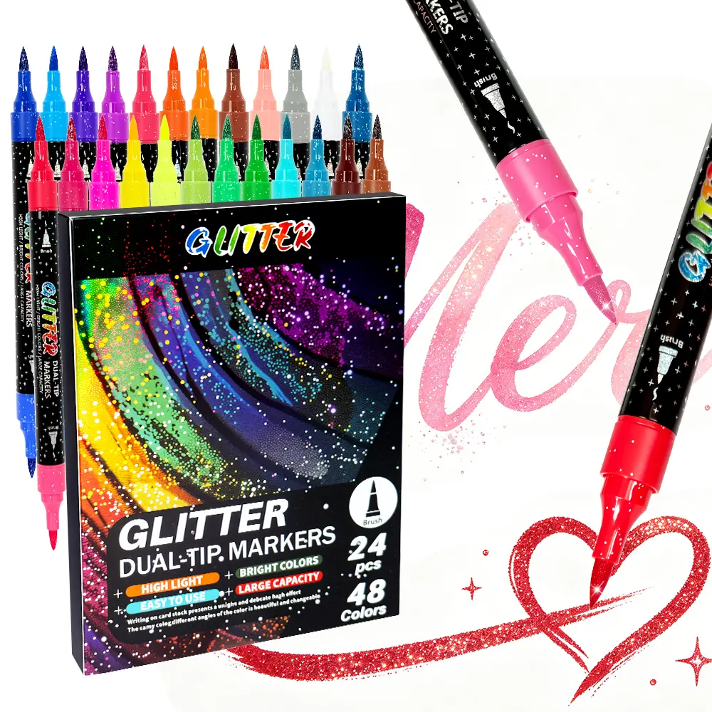 24-Pack Dual-Tip Glitter Brush Markers Set - 1-6mm Brush Tip Art Supplies with Eco-Friendly Materials for Adults, DIY Crafts (48 Vibrant Glitter Colors, Vivid Shine, Office Stationery Essentials)